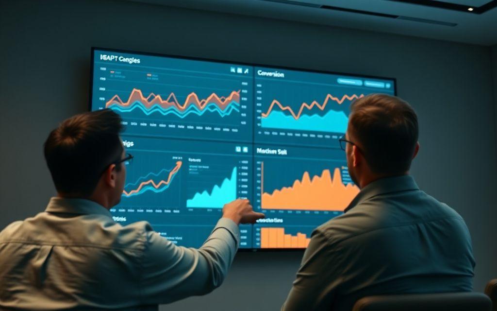 Analysts reviewing conversion dashboards on a wall screen