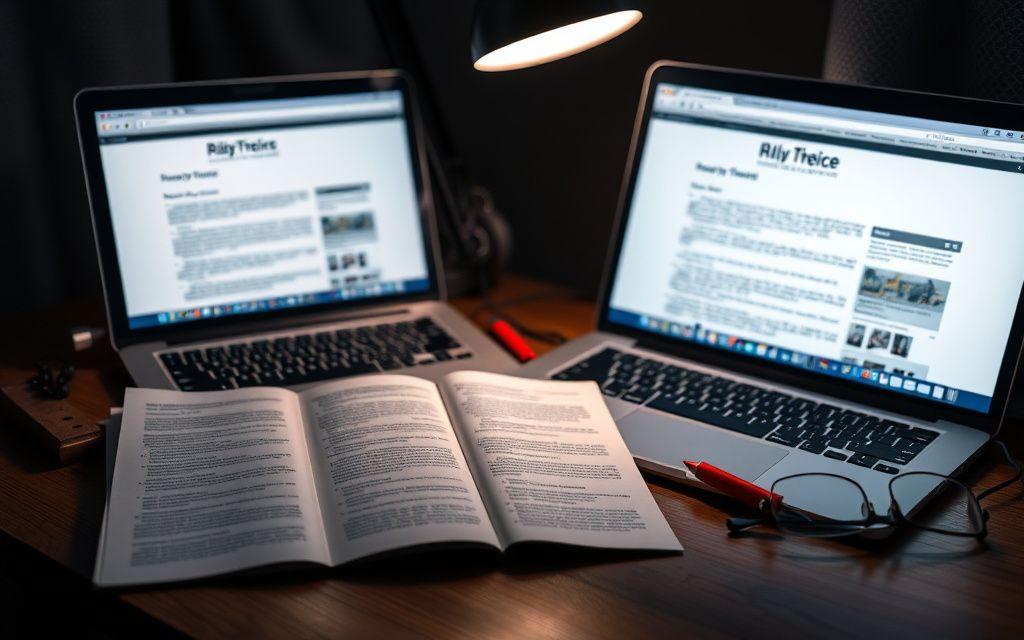Printed brochure lying beside a laptop showing the same static content