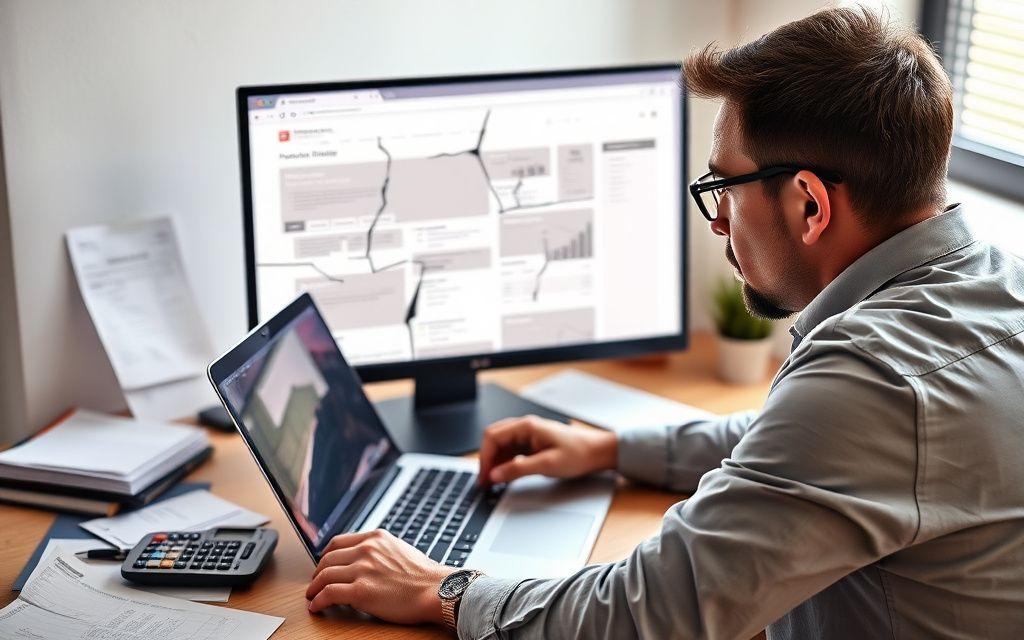 Business owner frustrated at a broken website layout on his laptop