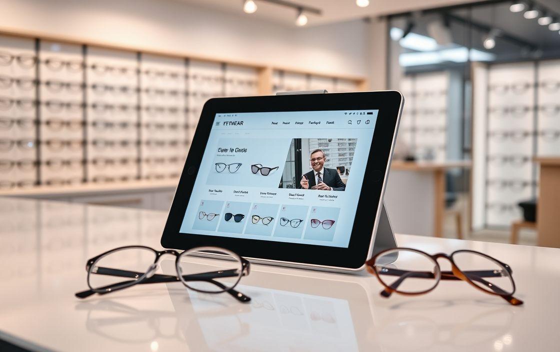 MyOptik eyewear store website on a tablet at the retail counter