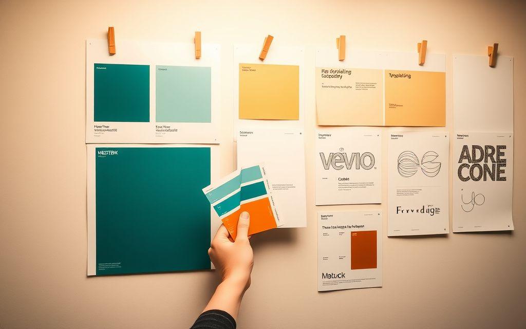 Brand mood boards with colour swatches and typography sheets
