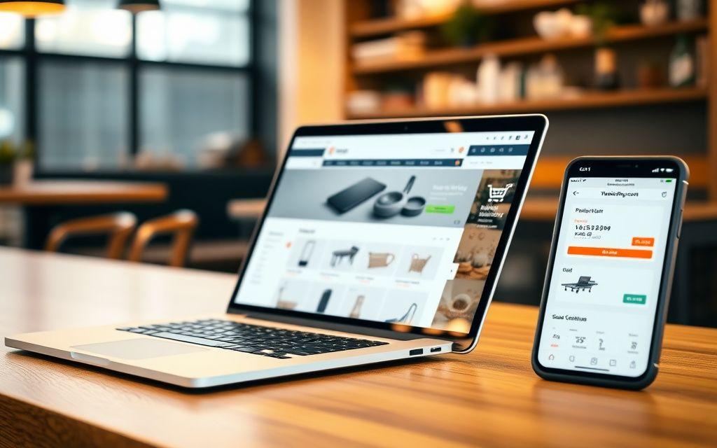 Online store product page on laptop and phone