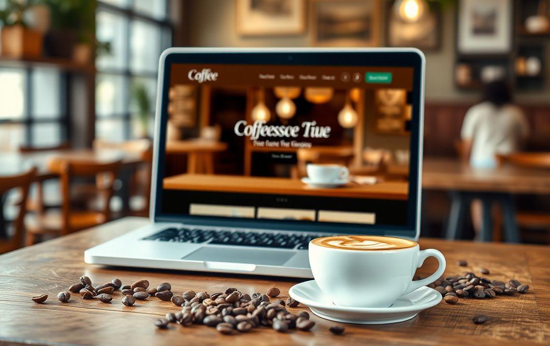 Teratak Kopi website shown on a laptop in a cafe