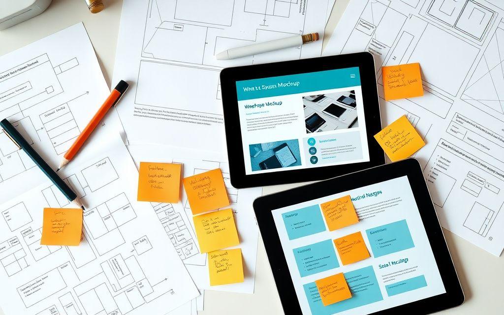 Wireframes and homepage mockups on a designer's desk